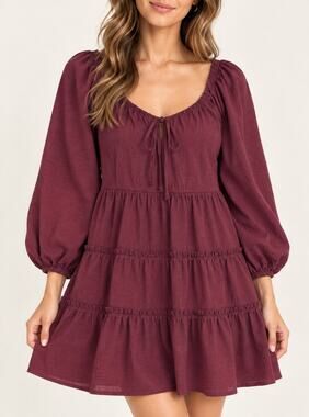 Madewell Burgundy Tiered Ruffle Mini Dress Long Sleeve Boho Romantic Size-8
